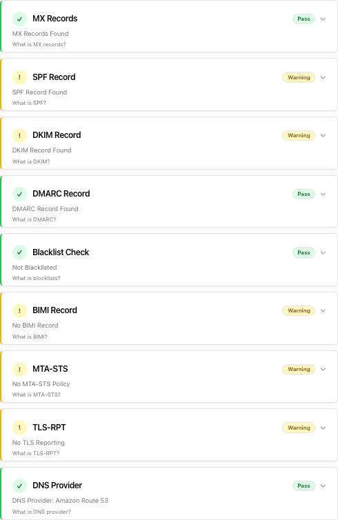 Email health check results showing pass and warning statuses for MX, SPF, DKIM, DMARC and more
