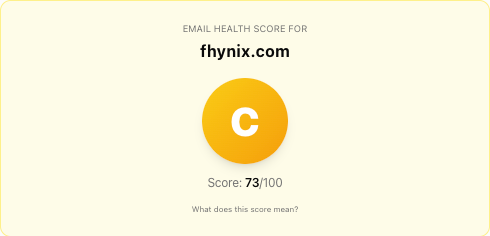 Email health score card showing a C grade and 73 out of 100 score for fhynix.com